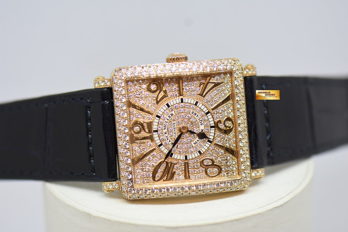 [SOLD] FRANCK MULLER MASTER SQUARE LADIES ORIGINAL FACTORY FULL PAVED DIAMONDS 18K ROSE GOLD QUARTZ 6002M QZ D CD (MINT)