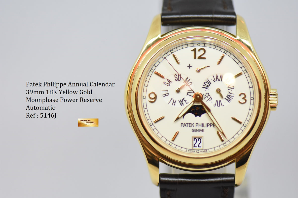 [SOLD] PATEK PHILIPPE COMPLICATIONS ANNUAL CALENDAR MOON-PHASE w/ POWER RESERVE 18K YELLOW GOLD AUTOMATIC 5146J (MINT)