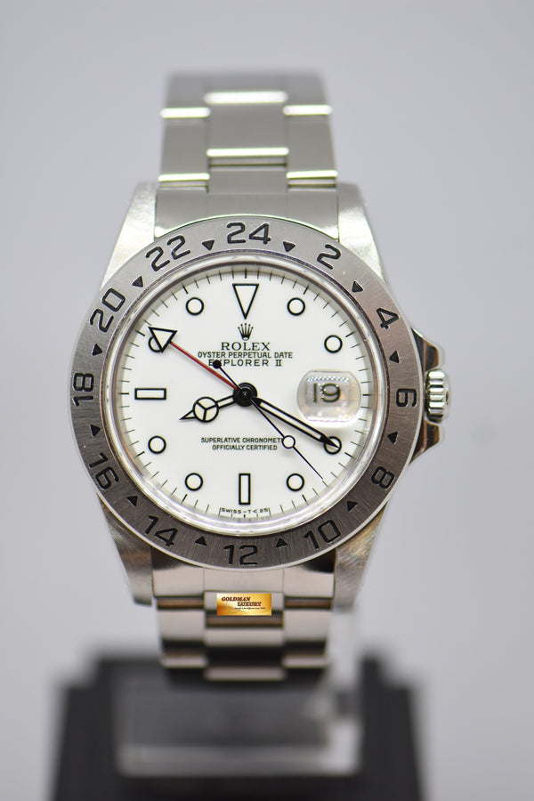 [SOLD] ROLEX OYSTER PERPETUAL EXPLORER II 40mm STEEL IN BRACELET WHITE TRITIUM DIAL 16570 (PINHOLE-NON SOLID END LINKS) (SLIGHTLY AGING)