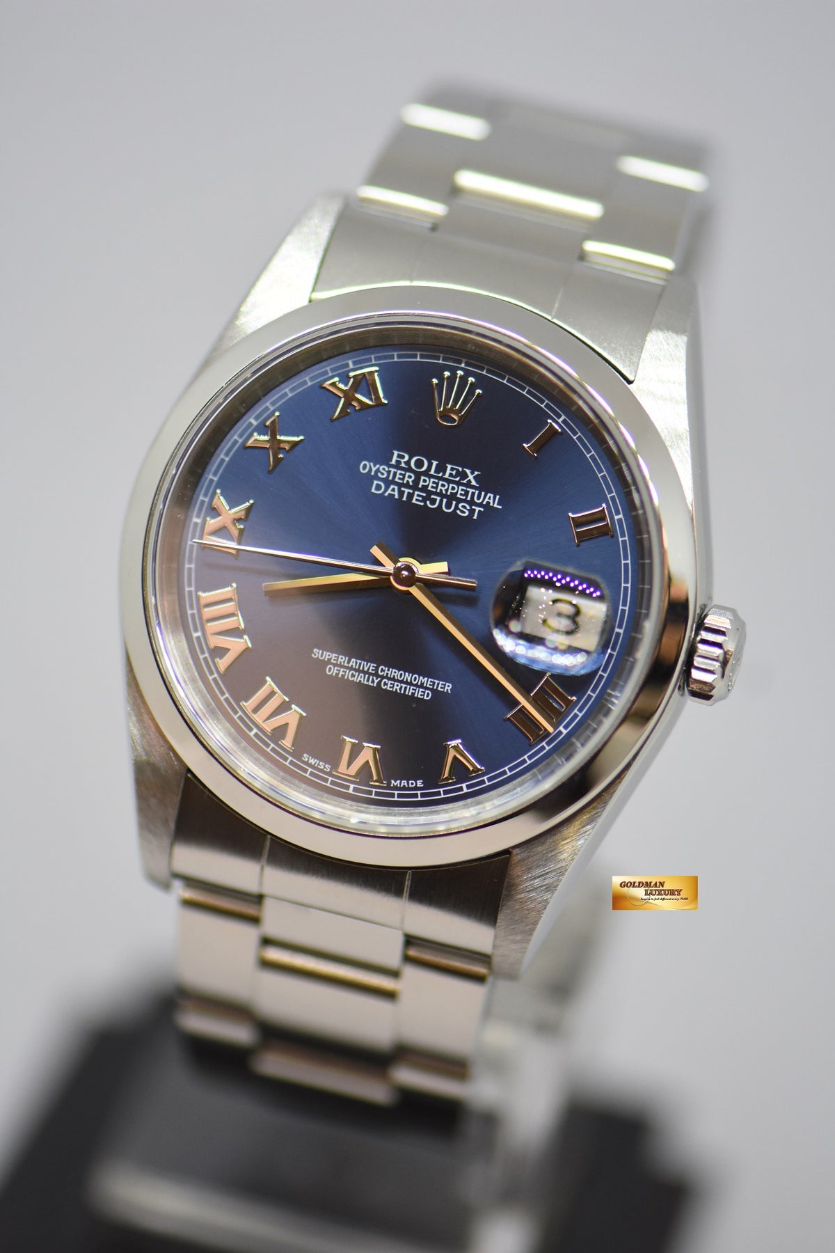 [SOLD] ROLEX OYSTER PERPETUAL DATEJUST 36mm BLUE ROMAN DIAL STEEL IN OYSTER BRACELET 16200 (MINT)