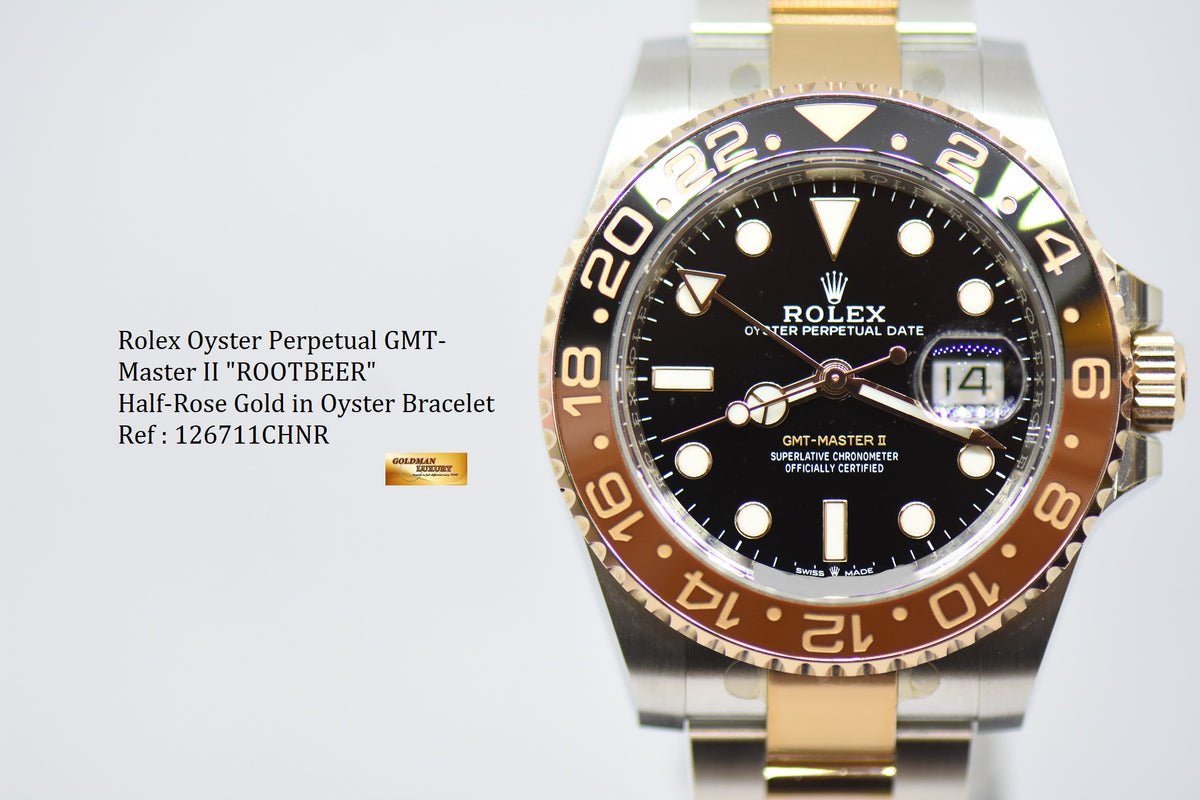 [SOLD] ROLEX OYSTER PERPETUAL GMT-MASTER II “ROOT-BEER” CERAMIC BROWN BEZEL EVEROSE GOLD / STEEL BRACELET 126711CHNR (LNIB)