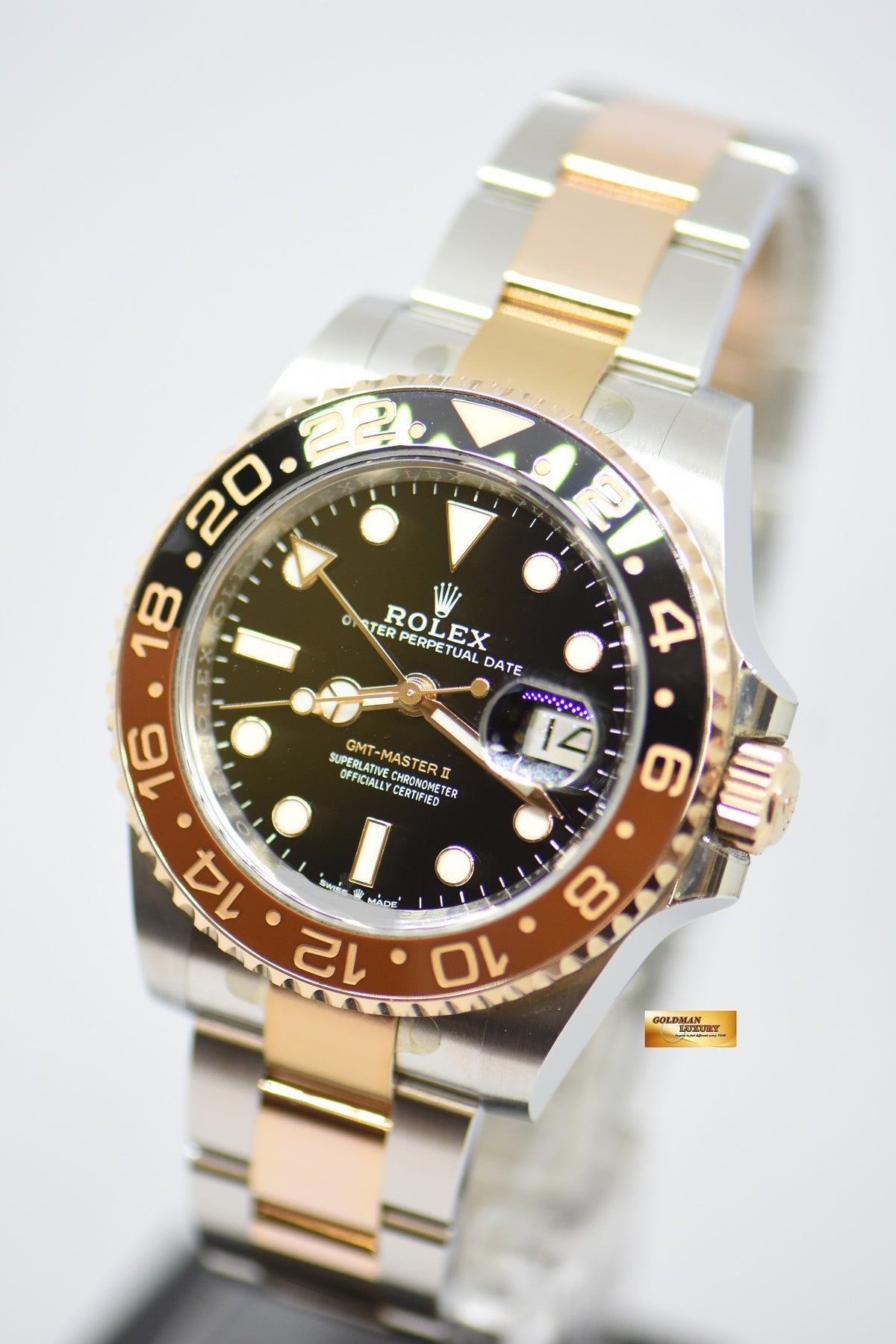 [SOLD] ROLEX OYSTER PERPETUAL GMT-MASTER II “ROOT-BEER” CERAMIC BROWN BEZEL EVEROSE GOLD / STEEL BRACELET 126711CHNR (LNIB)