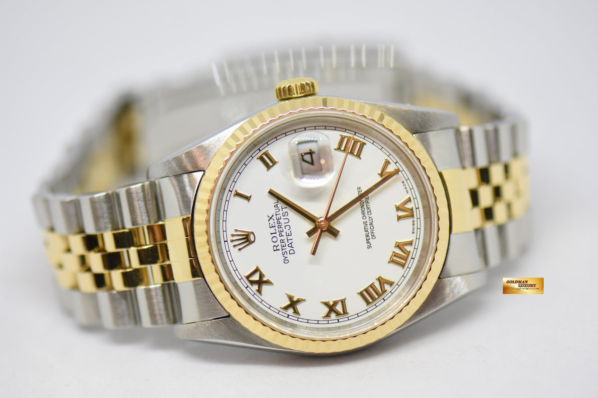 [SOLD] ROLEX OYSTER PERPETUAL DATEJUST 36mm WHITE ROMAN DIAL HALF GOLD IN JUBILEE BRACELET 16233 (MINT)