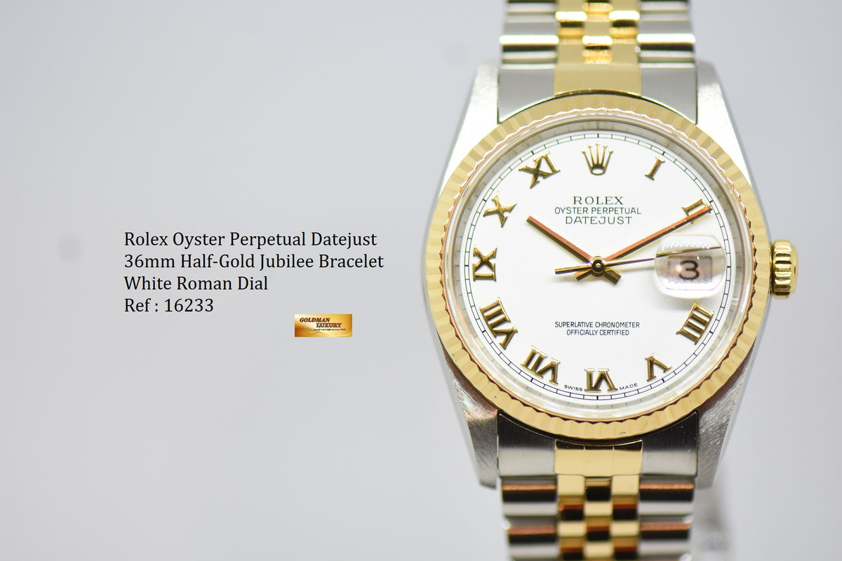 [SOLD] ROLEX OYSTER PERPETUAL DATEJUST 36mm WHITE ROMAN DIAL HALF GOLD IN JUBILEE BRACELET 16233 (MINT)