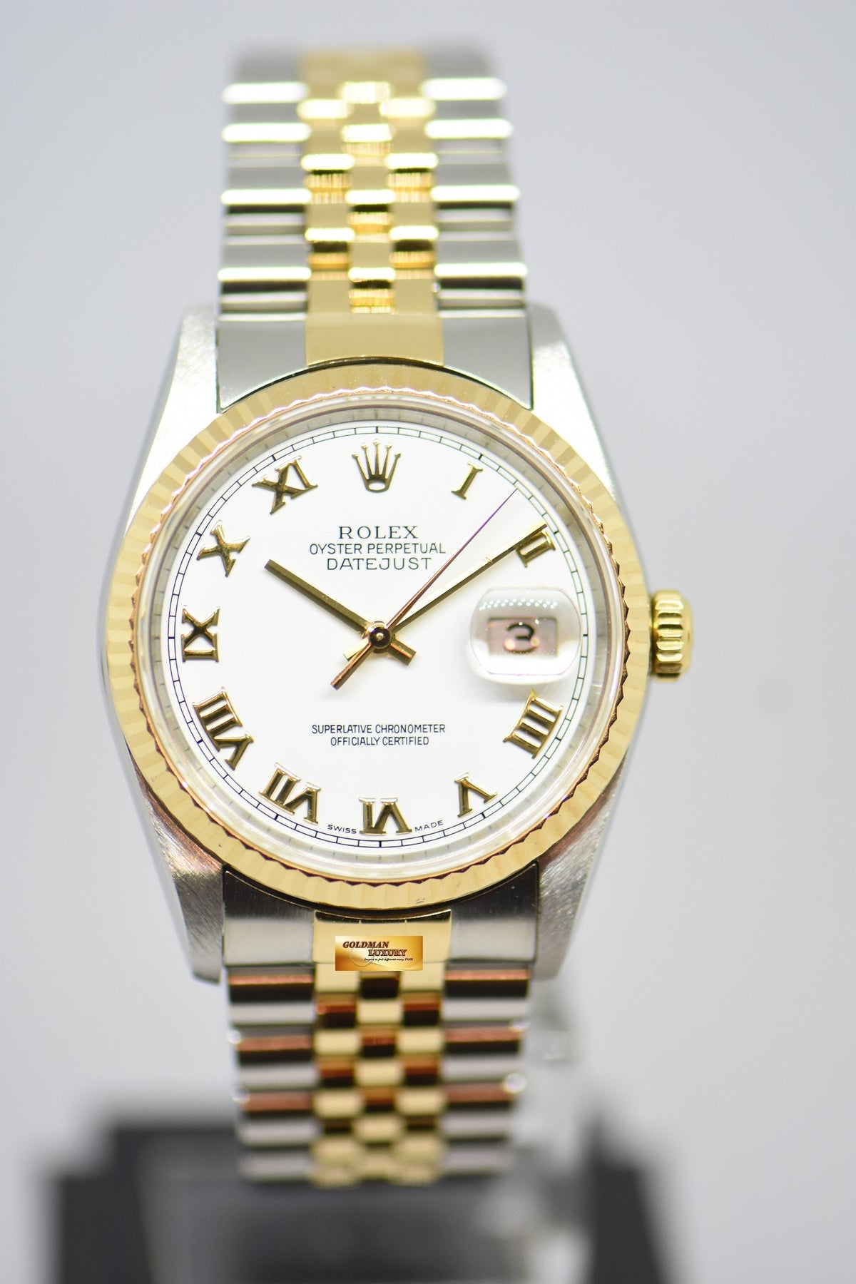 [SOLD] ROLEX OYSTER PERPETUAL DATEJUST 36mm WHITE ROMAN DIAL HALF GOLD IN JUBILEE BRACELET 16233 (MINT)