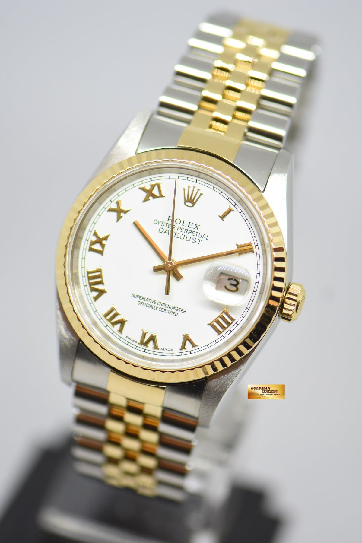 [SOLD] ROLEX OYSTER PERPETUAL DATEJUST 36mm WHITE ROMAN DIAL HALF GOLD IN JUBILEE BRACELET 16233 (MINT)