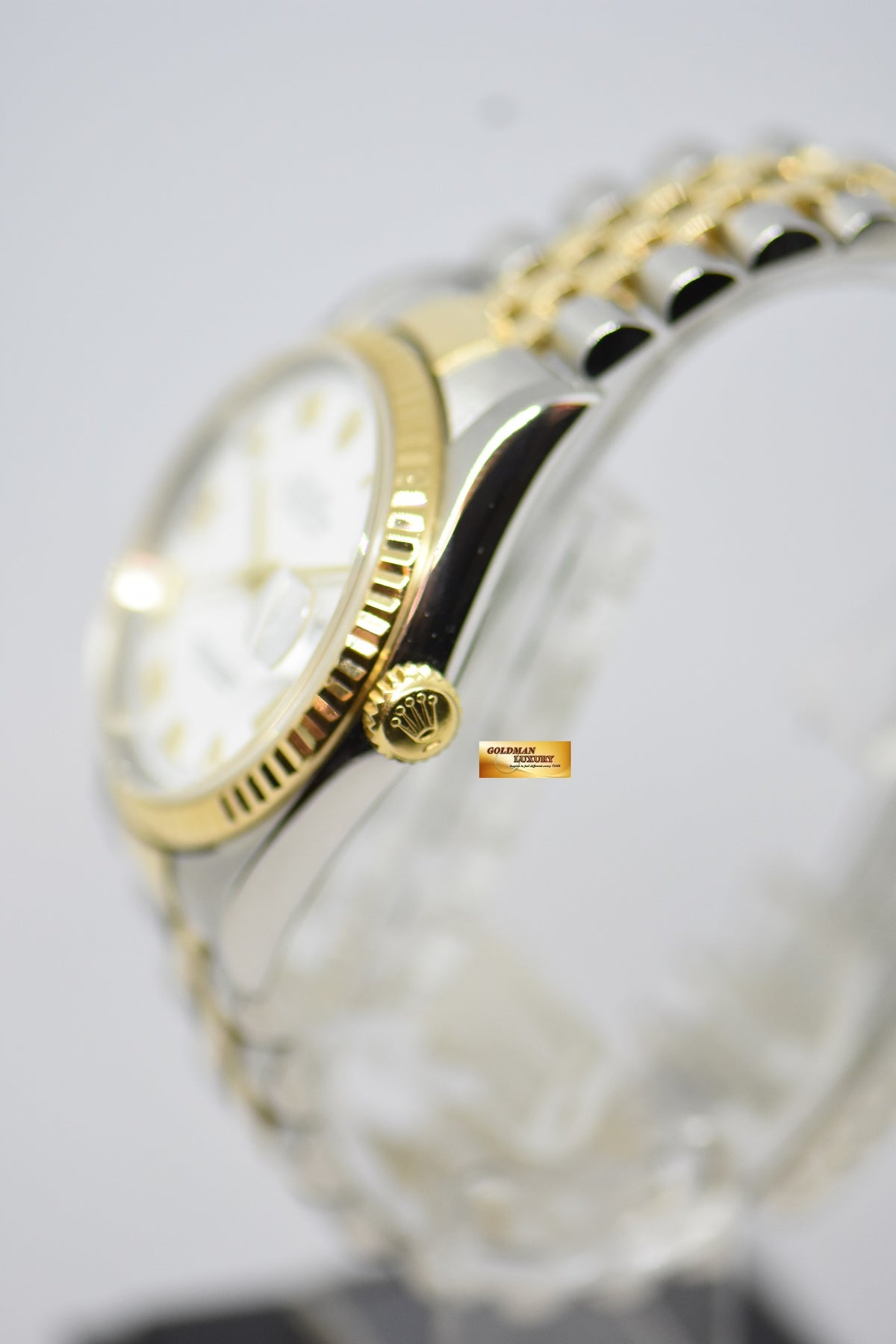 [SOLD] ROLEX OYSTER PERPETUAL DATEJUST 36mm WHITE ROMAN DIAL HALF GOLD IN JUBILEE BRACELET 16233 (MINT)