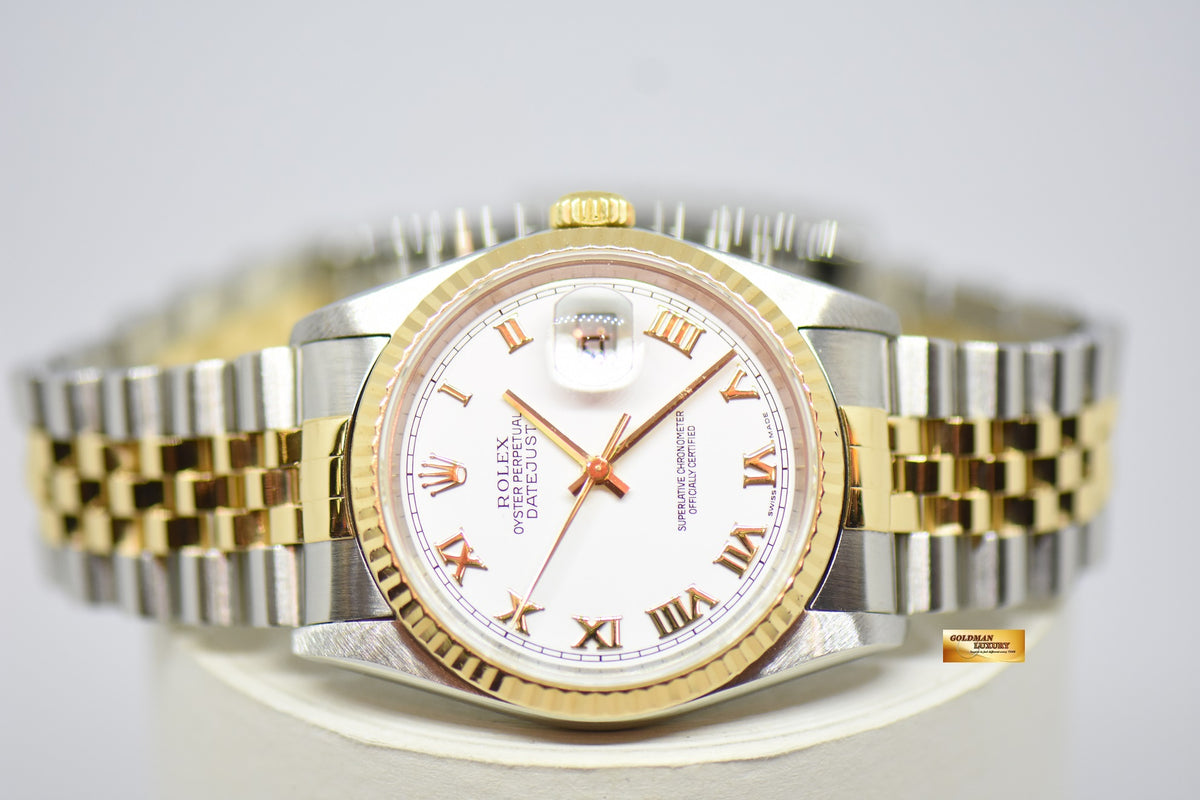 [SOLD] ROLEX OYSTER PERPETUAL DATEJUST 36mm WHITE ROMAN DIAL HALF GOLD IN JUBILEE BRACELET 16233 (MINT)