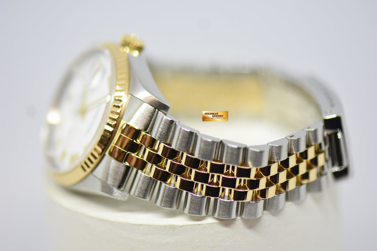 [SOLD] ROLEX OYSTER PERPETUAL DATEJUST 36mm WHITE ROMAN DIAL HALF GOLD IN JUBILEE BRACELET 16233 (MINT)