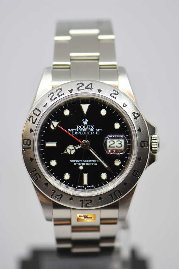 [SOLD] ROLEX OYSTER PERPETUAL EXPLORER II 40mm STEEL IN BRACELET BLACK 16570 (NO PINHOLE-SOLID END LINKS) (NEAR MINT)
