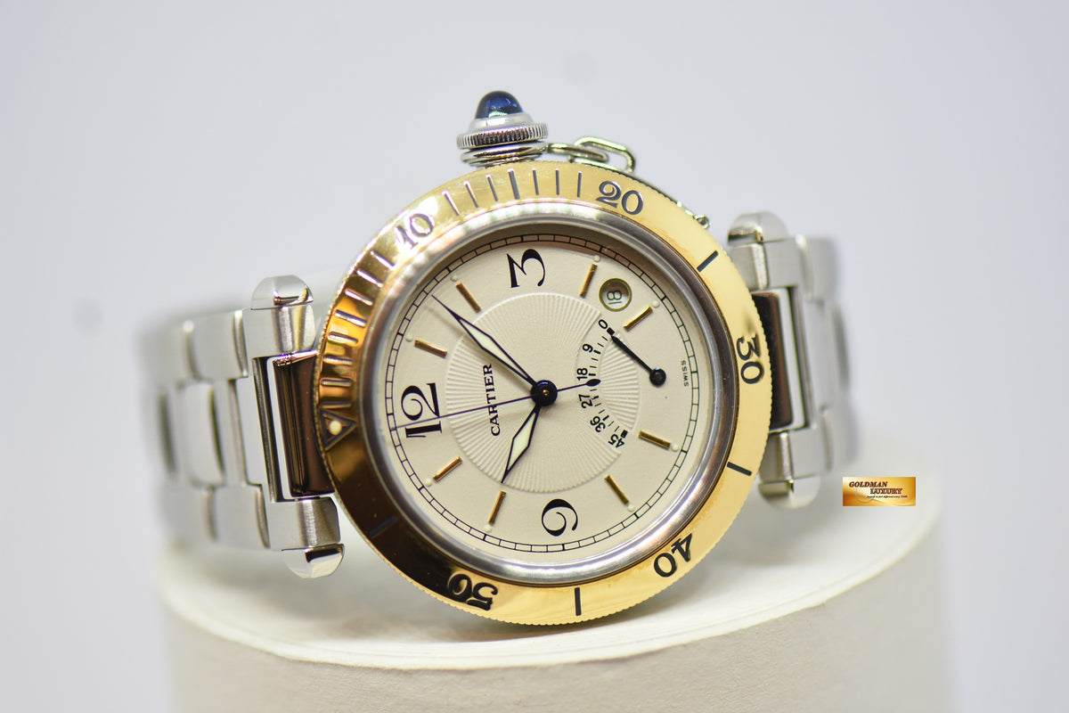 [SOLD] CARTIER PASHA POWER RESERVE 38mm STEEL IN BRACELET GOLD BEZEL AUTOMATIC 1033 (MINT)