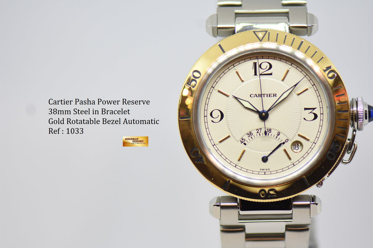 [SOLD] CARTIER PASHA POWER RESERVE 38mm STEEL IN BRACELET GOLD BEZEL AUTOMATIC 1033 (MINT)