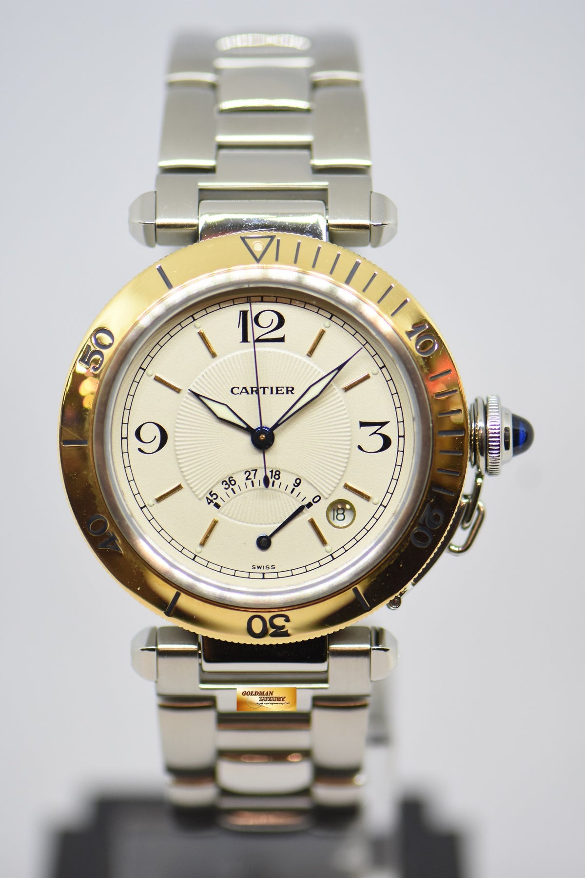 [SOLD] CARTIER PASHA POWER RESERVE 38mm STEEL IN BRACELET GOLD BEZEL AUTOMATIC 1033 (MINT)