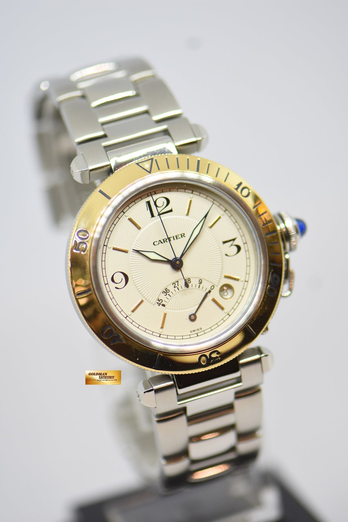 [SOLD] CARTIER PASHA POWER RESERVE 38mm STEEL IN BRACELET GOLD BEZEL AUTOMATIC 1033 (MINT)