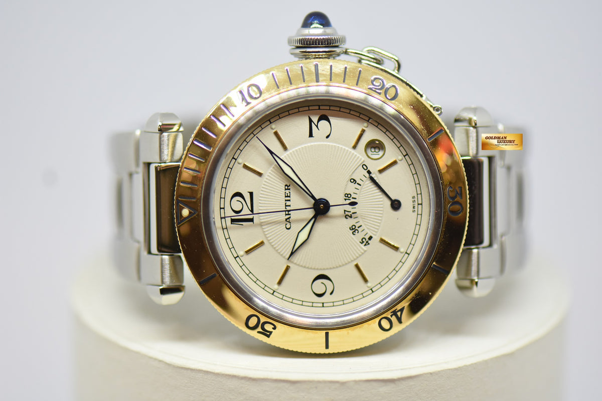 [SOLD] CARTIER PASHA POWER RESERVE 38mm STEEL IN BRACELET GOLD BEZEL AUTOMATIC 1033 (MINT)