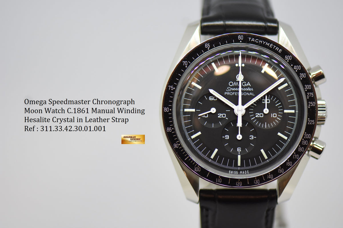 [SOLD] OMEGA SPEEDMASTER MOONWATCH CHRONOGRAPH IN LEATHER STRAP C.1861 MANUAL WINDING HESALITE CRYSTAL (LNIB)