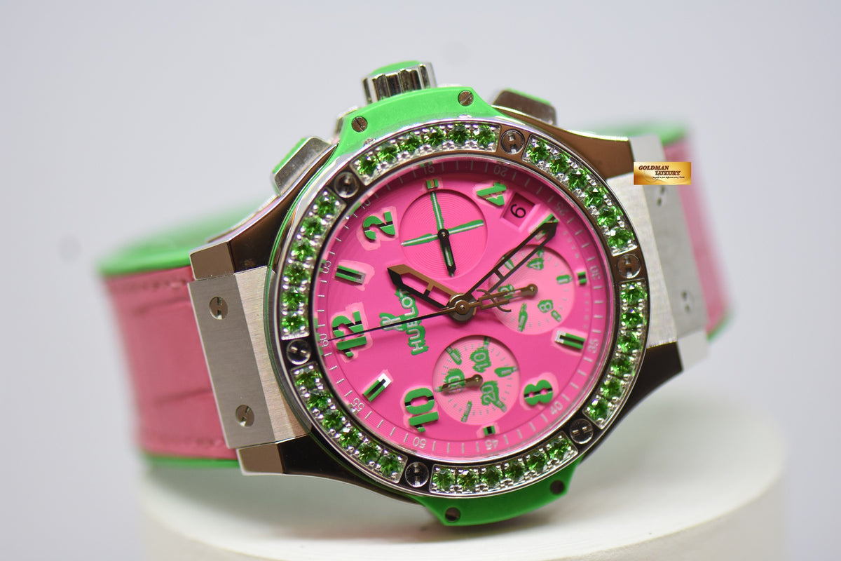 [SOLD] HUBLOT BIG BANG LADIES “POP ART STEEL APPLE” 41mm CHRONOGRAPH PINK / GREEN RUBBER INFUSED LEATHER STRAP AUTOMATIC 341.SG.7379.LR.1222.POP15 (MINT)