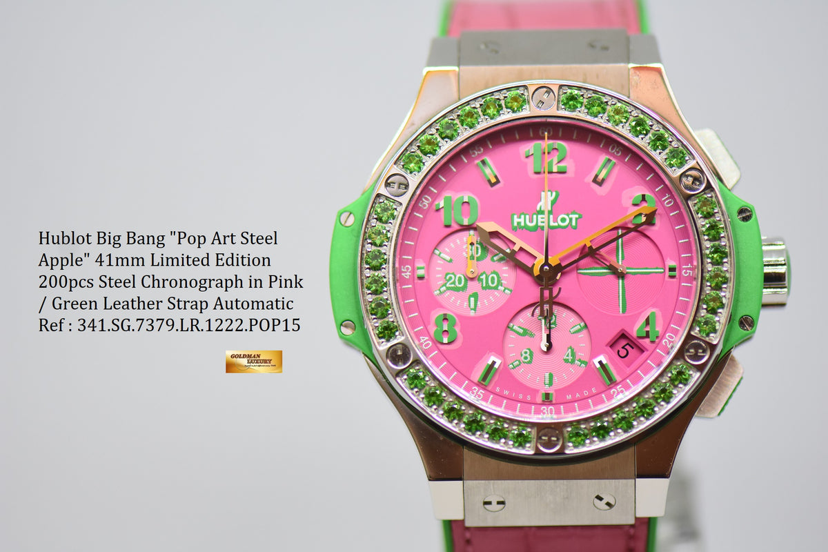 [SOLD] HUBLOT BIG BANG LADIES “POP ART STEEL APPLE” 41mm CHRONOGRAPH PINK / GREEN RUBBER INFUSED LEATHER STRAP AUTOMATIC 341.SG.7379.LR.1222.POP15 (MINT)