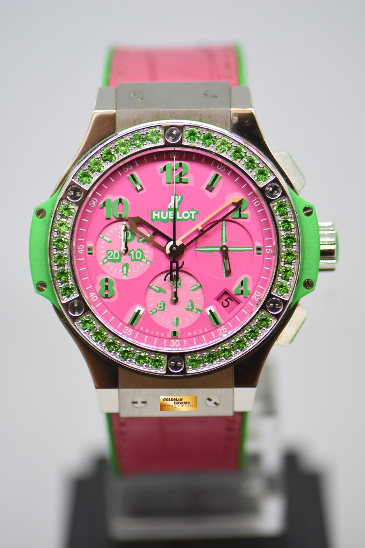 [SOLD] HUBLOT BIG BANG LADIES “POP ART STEEL APPLE” 41mm CHRONOGRAPH PINK / GREEN RUBBER INFUSED LEATHER STRAP AUTOMATIC 341.SG.7379.LR.1222.POP15 (MINT)