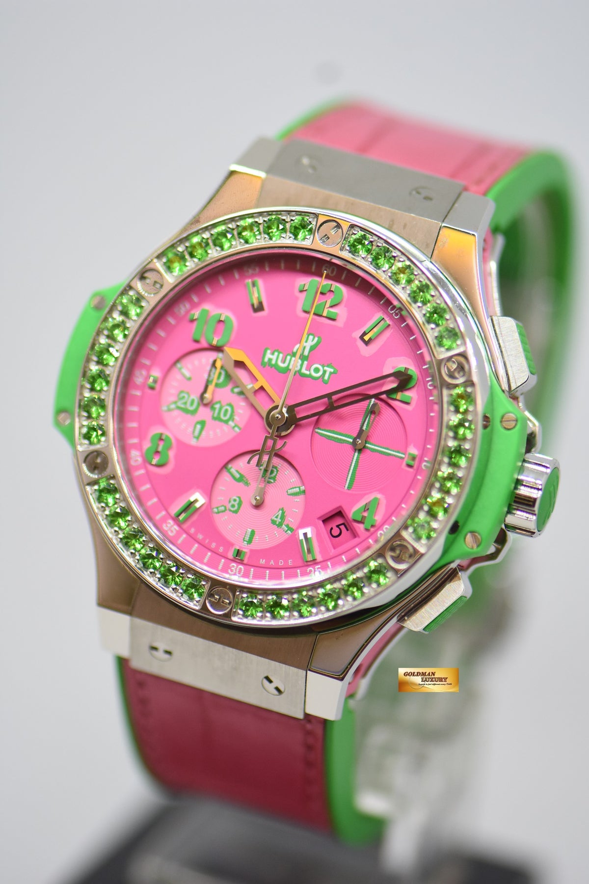 [SOLD] HUBLOT BIG BANG LADIES “POP ART STEEL APPLE” 41mm CHRONOGRAPH PINK / GREEN RUBBER INFUSED LEATHER STRAP AUTOMATIC 341.SG.7379.LR.1222.POP15 (MINT)
