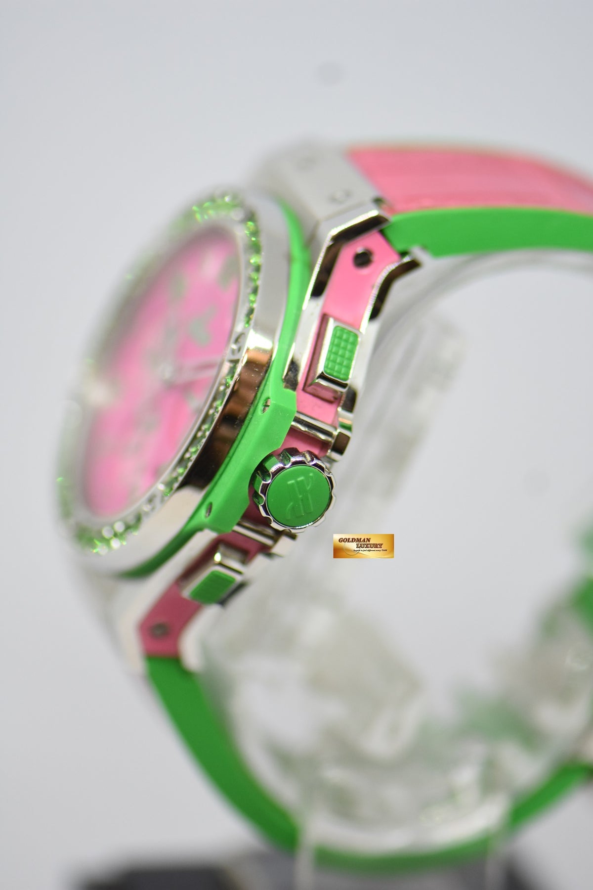 [SOLD] HUBLOT BIG BANG LADIES “POP ART STEEL APPLE” 41mm CHRONOGRAPH PINK / GREEN RUBBER INFUSED LEATHER STRAP AUTOMATIC 341.SG.7379.LR.1222.POP15 (MINT)