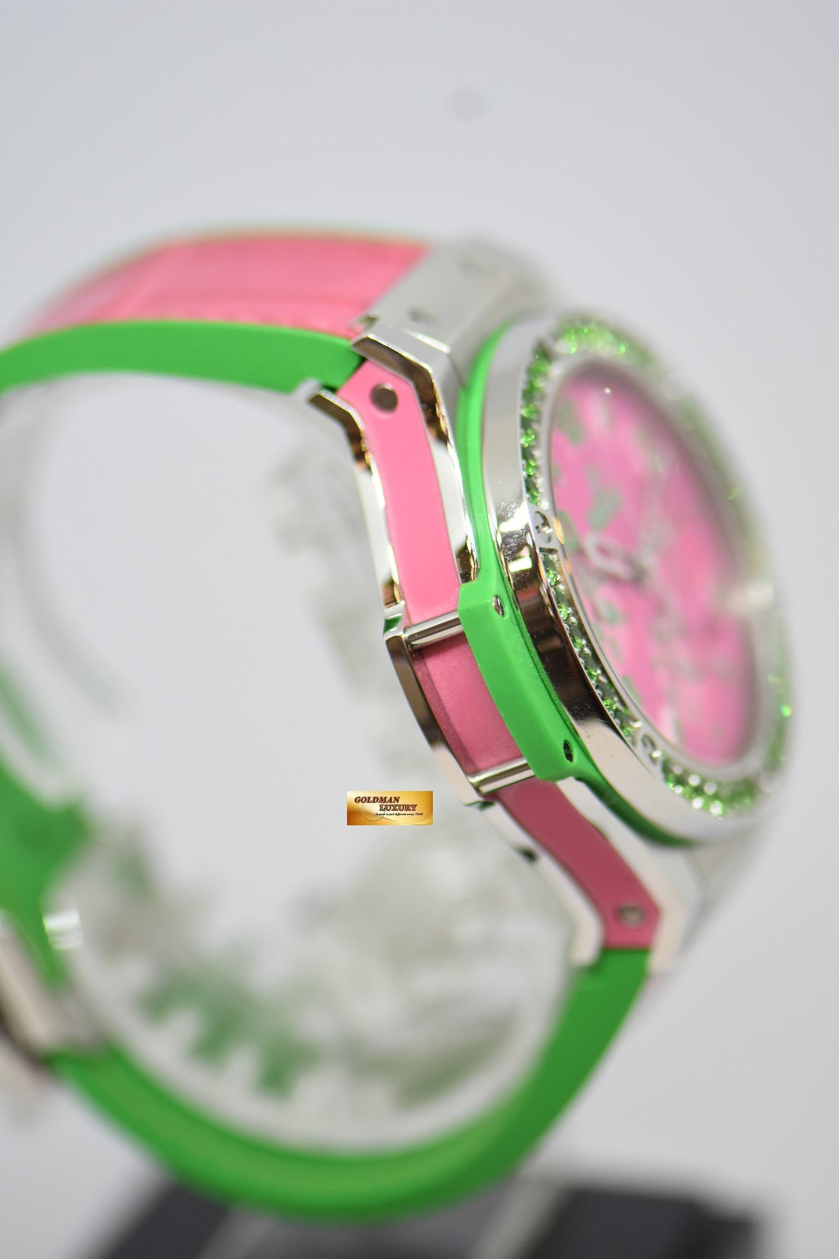 [SOLD] HUBLOT BIG BANG LADIES “POP ART STEEL APPLE” 41mm CHRONOGRAPH PINK / GREEN RUBBER INFUSED LEATHER STRAP AUTOMATIC 341.SG.7379.LR.1222.POP15 (MINT)