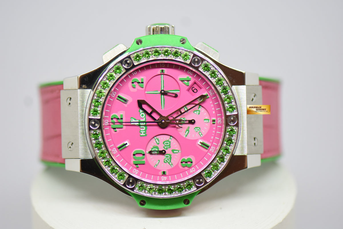 [SOLD] HUBLOT BIG BANG LADIES “POP ART STEEL APPLE” 41mm CHRONOGRAPH PINK / GREEN RUBBER INFUSED LEATHER STRAP AUTOMATIC 341.SG.7379.LR.1222.POP15 (MINT)