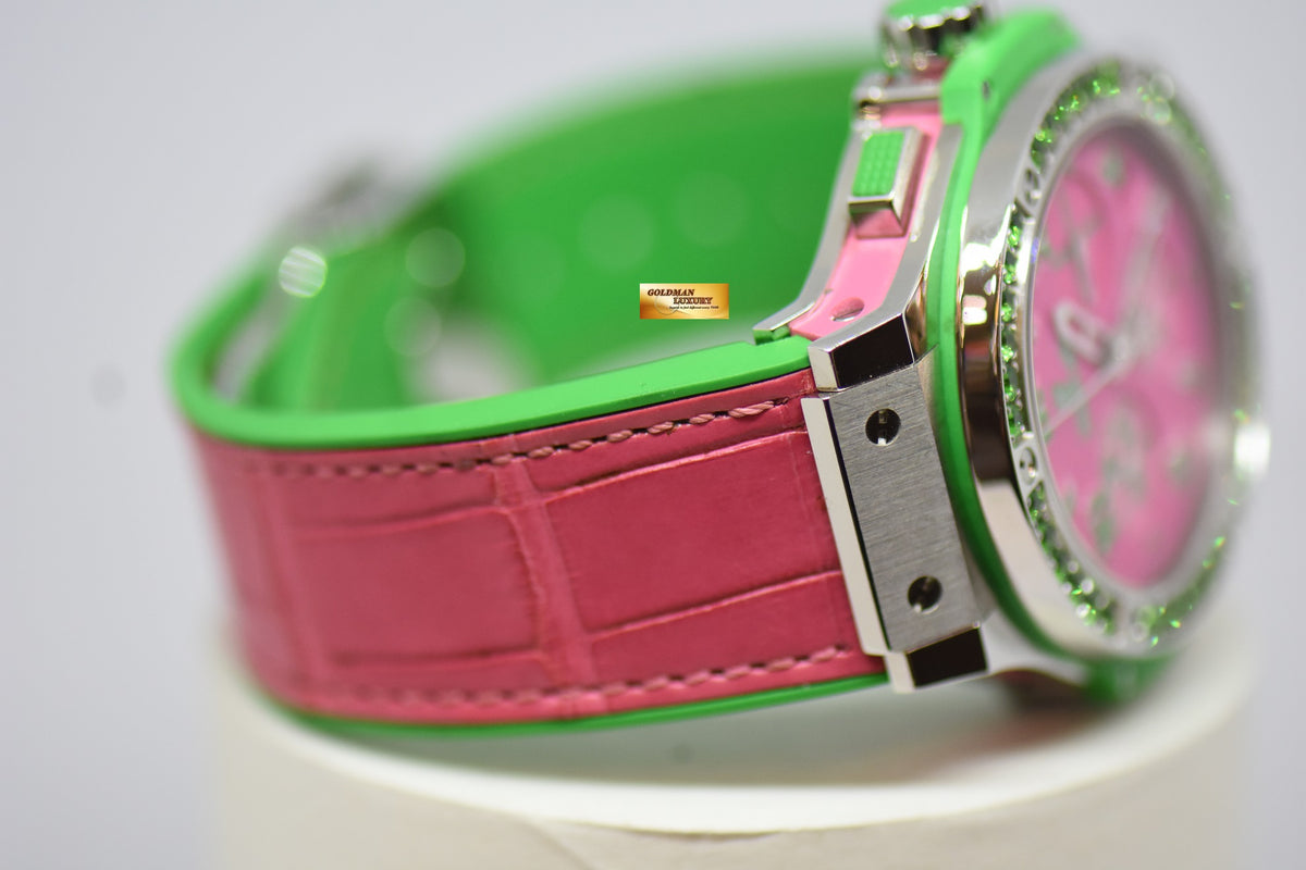 [SOLD] HUBLOT BIG BANG LADIES “POP ART STEEL APPLE” 41mm CHRONOGRAPH PINK / GREEN RUBBER INFUSED LEATHER STRAP AUTOMATIC 341.SG.7379.LR.1222.POP15 (MINT)