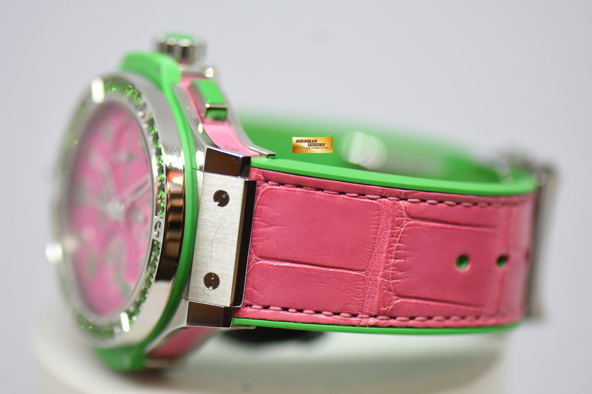 [SOLD] HUBLOT BIG BANG LADIES “POP ART STEEL APPLE” 41mm CHRONOGRAPH PINK / GREEN RUBBER INFUSED LEATHER STRAP AUTOMATIC 341.SG.7379.LR.1222.POP15 (MINT)