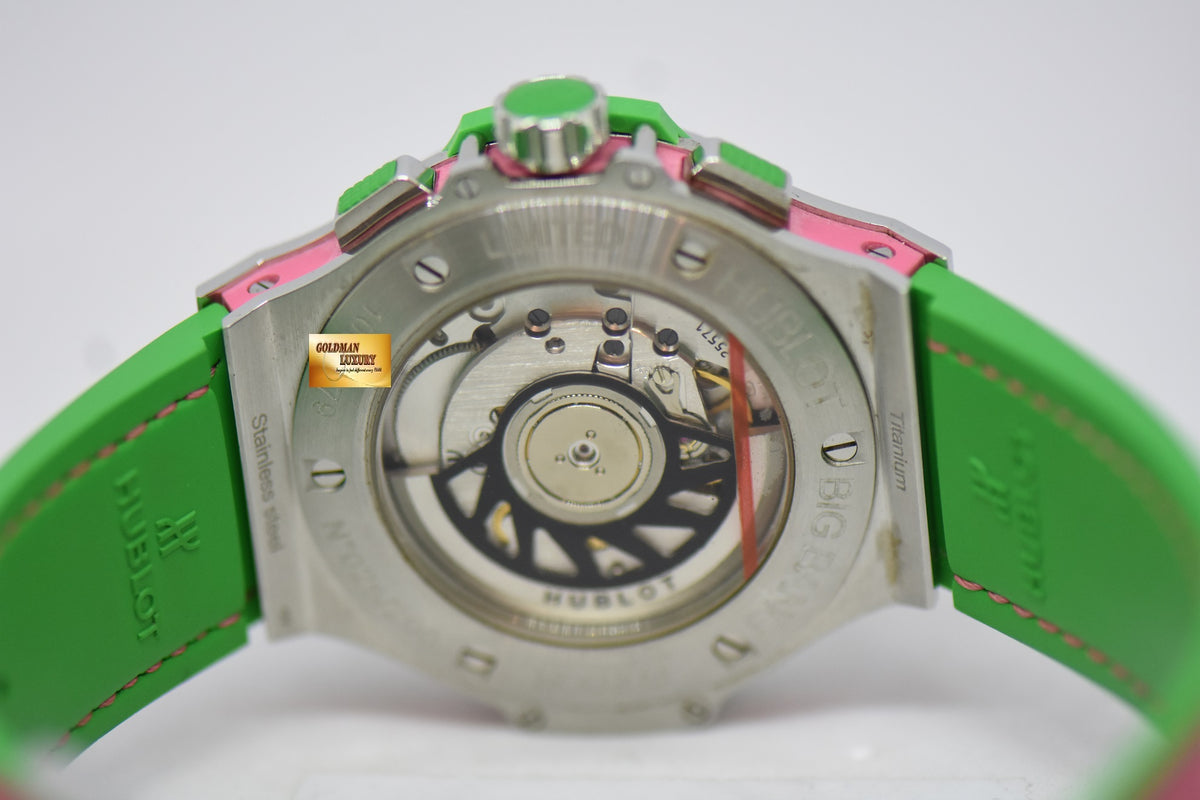 [SOLD] HUBLOT BIG BANG LADIES “POP ART STEEL APPLE” 41mm CHRONOGRAPH PINK / GREEN RUBBER INFUSED LEATHER STRAP AUTOMATIC 341.SG.7379.LR.1222.POP15 (MINT)