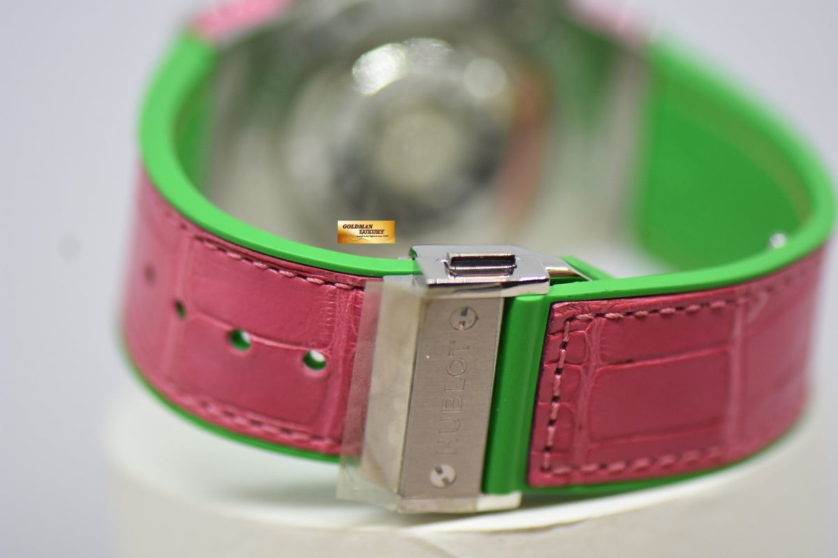 [SOLD] HUBLOT BIG BANG LADIES “POP ART STEEL APPLE” 41mm CHRONOGRAPH PINK / GREEN RUBBER INFUSED LEATHER STRAP AUTOMATIC 341.SG.7379.LR.1222.POP15 (MINT)