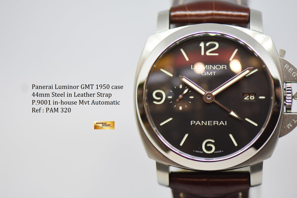 [SOLD] PANERAI LUMINOR MARINA GMT 1950 CASE 44mm STEEL IN LEATHER P.9001 AUTOMATIC PAM 320 (NEAR MINT)