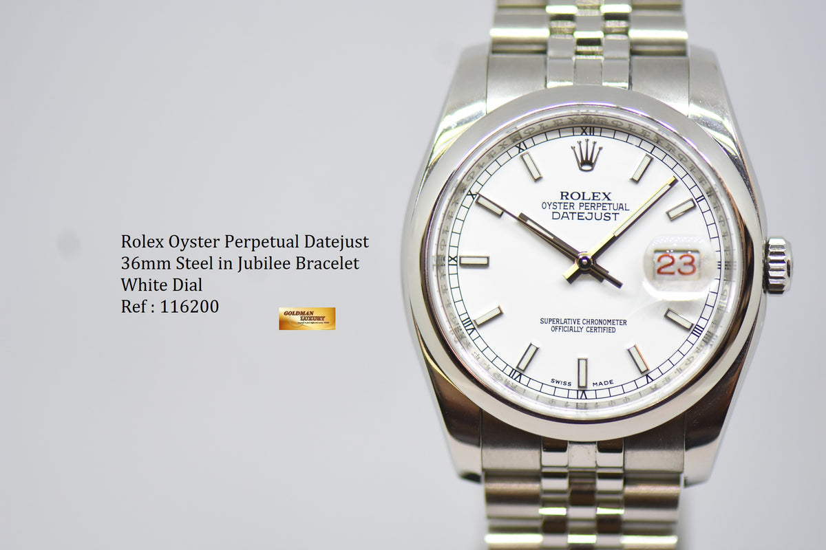 [SOLD] ROLEX OYSTER DATEJUST 36mm STEEL IN JUBILEE BRACELET WHITE DIAL (BLACK / RED ALT DATE WHEEL) AUTOMATIC 116200 (NEAR MINT)