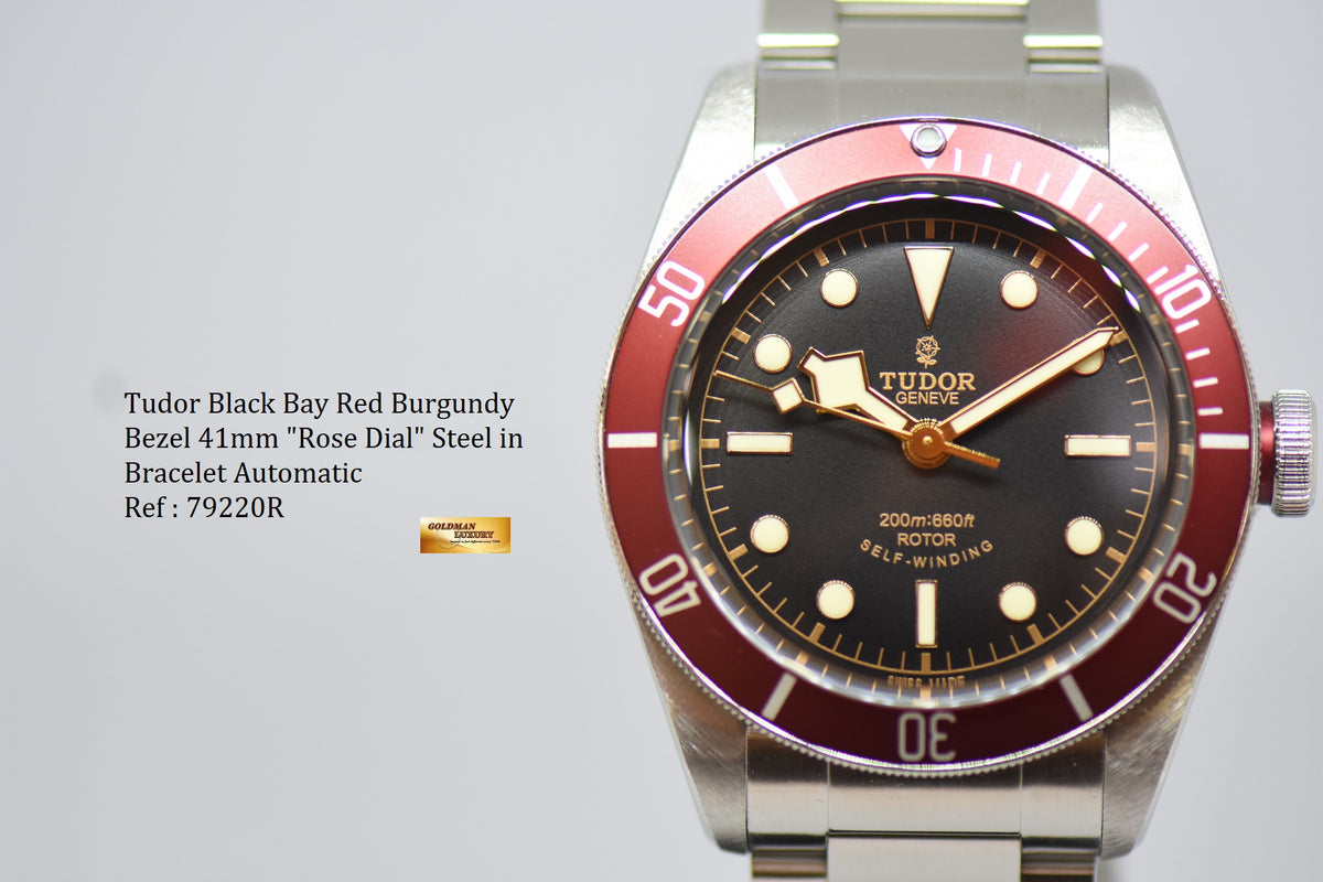 [SOLD] TUDOR BLACK BAY 41mm STEEL IN BRACELET RED BURGUNDY BEZEL “ROSE DIAL” AUTOMATIC 79220R (MINT)