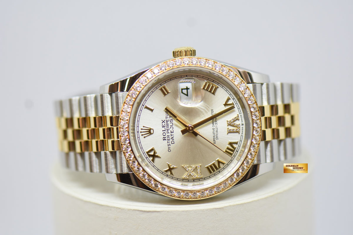 [SOLD] ROLEX OYSTER DATEJUST 36mm GOLD / STEEL IN JUBILEE BRACELET SILVERED DIAL ROMAN NUMERALS ORIGINAL FACTORY DIAMOND BEZEL 126283RBR (MINT)