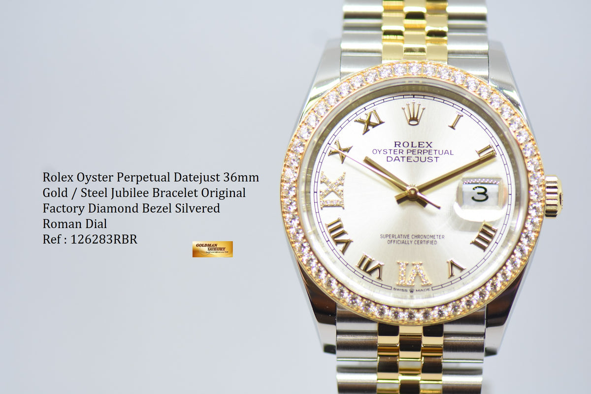 [SOLD] ROLEX OYSTER DATEJUST 36mm GOLD / STEEL IN JUBILEE BRACELET SILVERED DIAL ROMAN NUMERALS ORIGINAL FACTORY DIAMOND BEZEL 126283RBR (MINT)