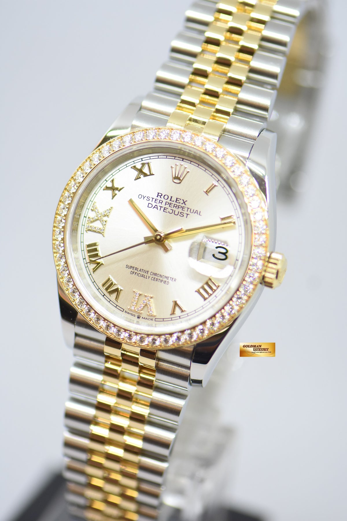 [SOLD] ROLEX OYSTER DATEJUST 36mm GOLD / STEEL IN JUBILEE BRACELET SILVERED DIAL ROMAN NUMERALS ORIGINAL FACTORY DIAMOND BEZEL 126283RBR (MINT)