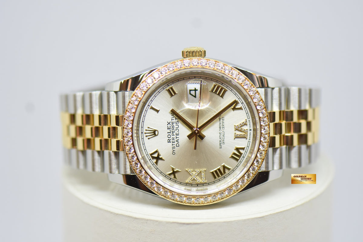 [SOLD] ROLEX OYSTER DATEJUST 36mm GOLD / STEEL IN JUBILEE BRACELET SILVERED DIAL ROMAN NUMERALS ORIGINAL FACTORY DIAMOND BEZEL 126283RBR (MINT)