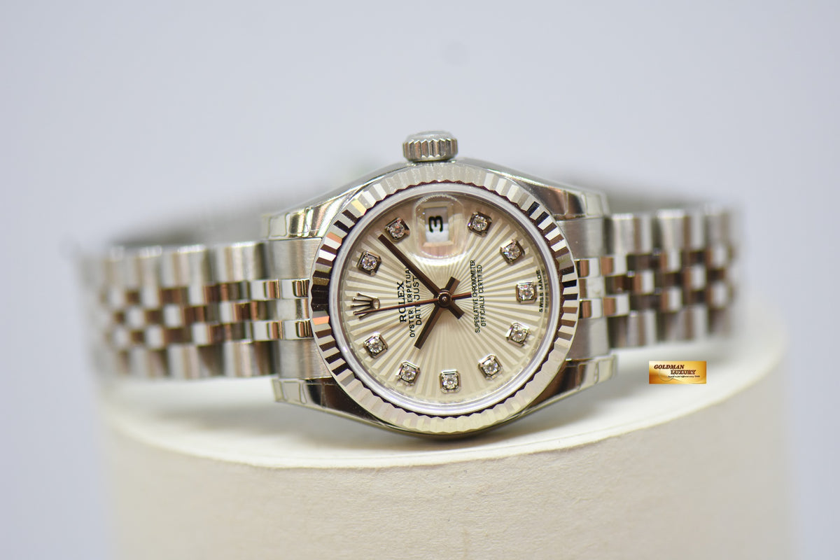 [SOLD] ROLEX OYSTER DATEJUST 26mm STEEL IN JUBILEE BRACELET DIAMOND SUNBURST DIAL 179174 (NEW OLD STOCK, WITH STICKERS)