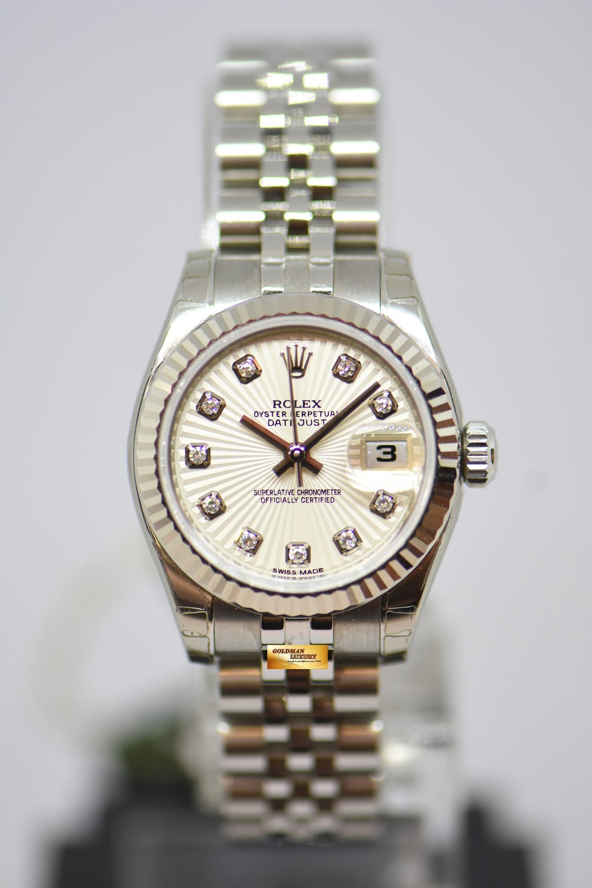 [SOLD] ROLEX OYSTER DATEJUST 26mm STEEL IN JUBILEE BRACELET DIAMOND SUNBURST DIAL 179174 (NEW OLD STOCK, WITH STICKERS)
