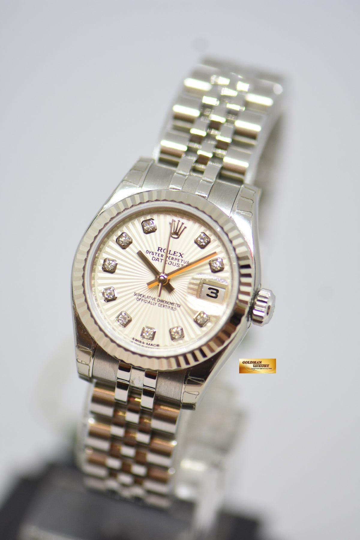 [SOLD] ROLEX OYSTER DATEJUST 26mm STEEL IN JUBILEE BRACELET DIAMOND SUNBURST DIAL 179174 (NEW OLD STOCK, WITH STICKERS)