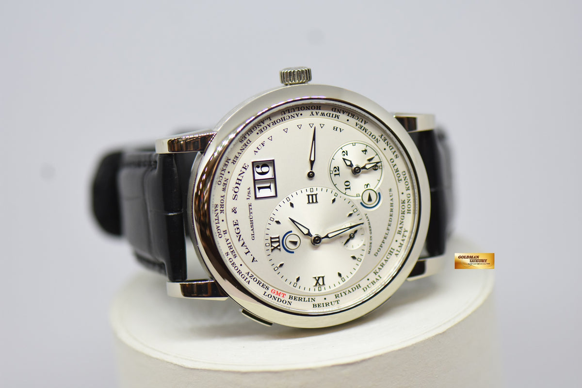 [SOLD] A.LANGE & SOHNE LANGE 1 TIME ZONE 41.9mm SILVERED DIAL BIG DATE GMT WHITE GOLD IN LEATHER STRAP MANUAL WINDING 116.039 (MINT)