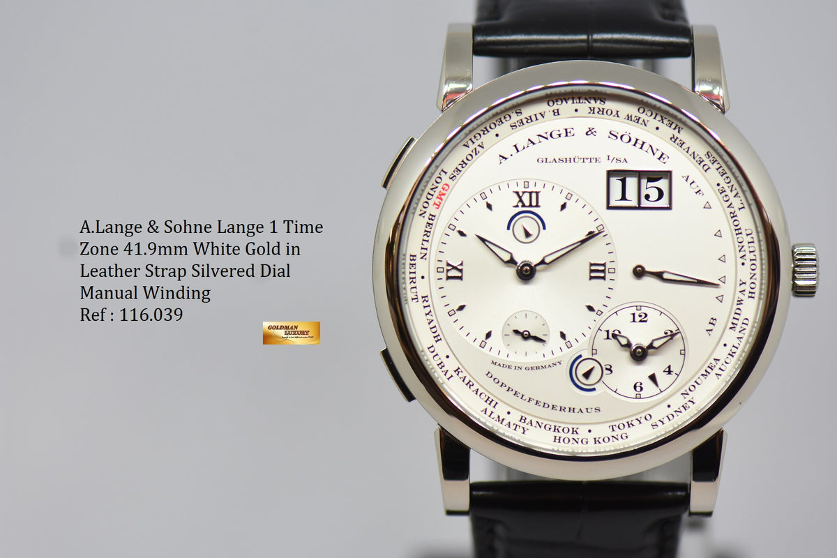 [SOLD] A.LANGE & SOHNE LANGE 1 TIME ZONE 41.9mm SILVERED DIAL BIG DATE GMT WHITE GOLD IN LEATHER STRAP MANUAL WINDING 116.039 (MINT)
