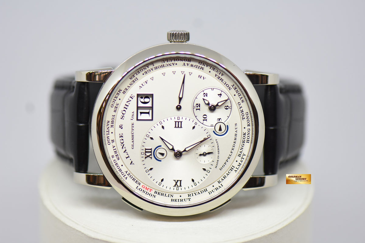 [SOLD] A.LANGE & SOHNE LANGE 1 TIME ZONE 41.9mm SILVERED DIAL BIG DATE GMT WHITE GOLD IN LEATHER STRAP MANUAL WINDING 116.039 (MINT)