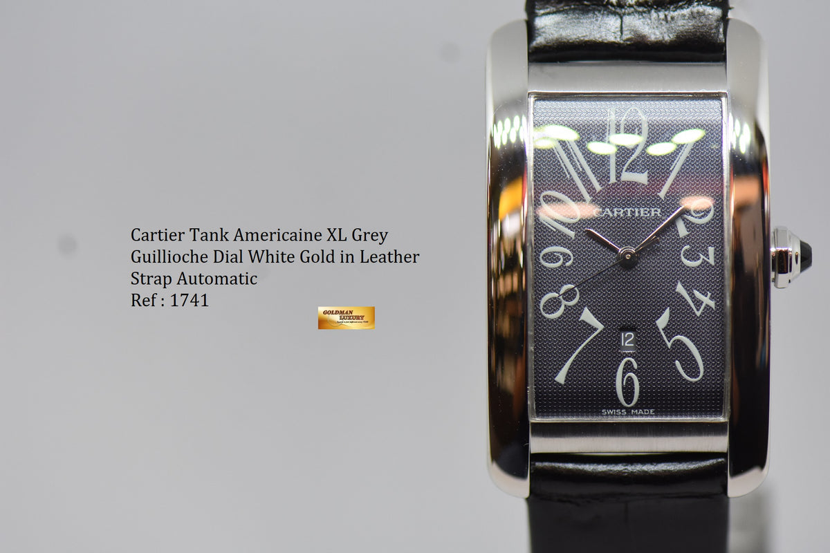 [SOLD] CARTIER TANK AMERICAINE XL DARK GREY GUILLOCHE WHITE GOLD IN LEATHER STRAP AUTOMATIC 1741 (MINT)