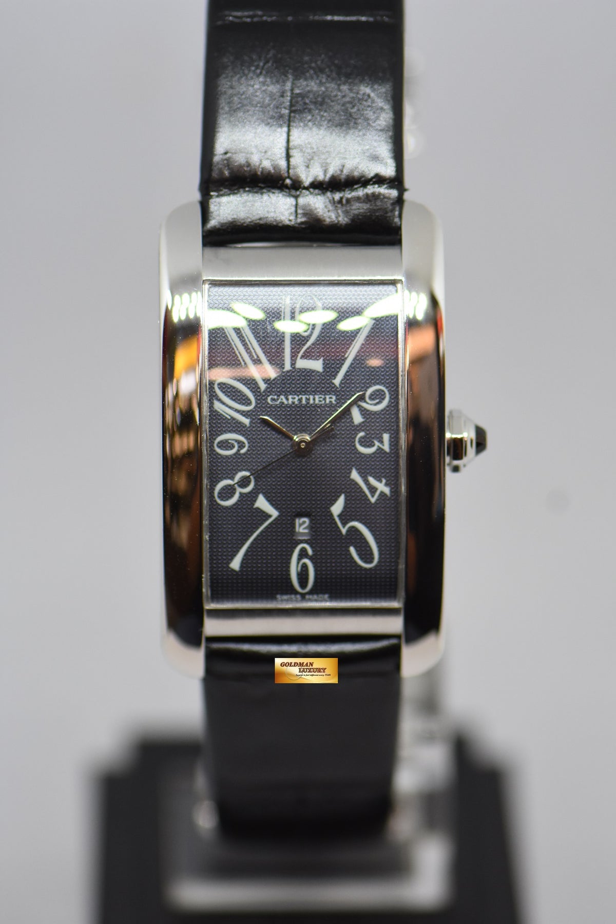 [SOLD] CARTIER TANK AMERICAINE XL DARK GREY GUILLOCHE WHITE GOLD IN LEATHER STRAP AUTOMATIC 1741 (MINT)