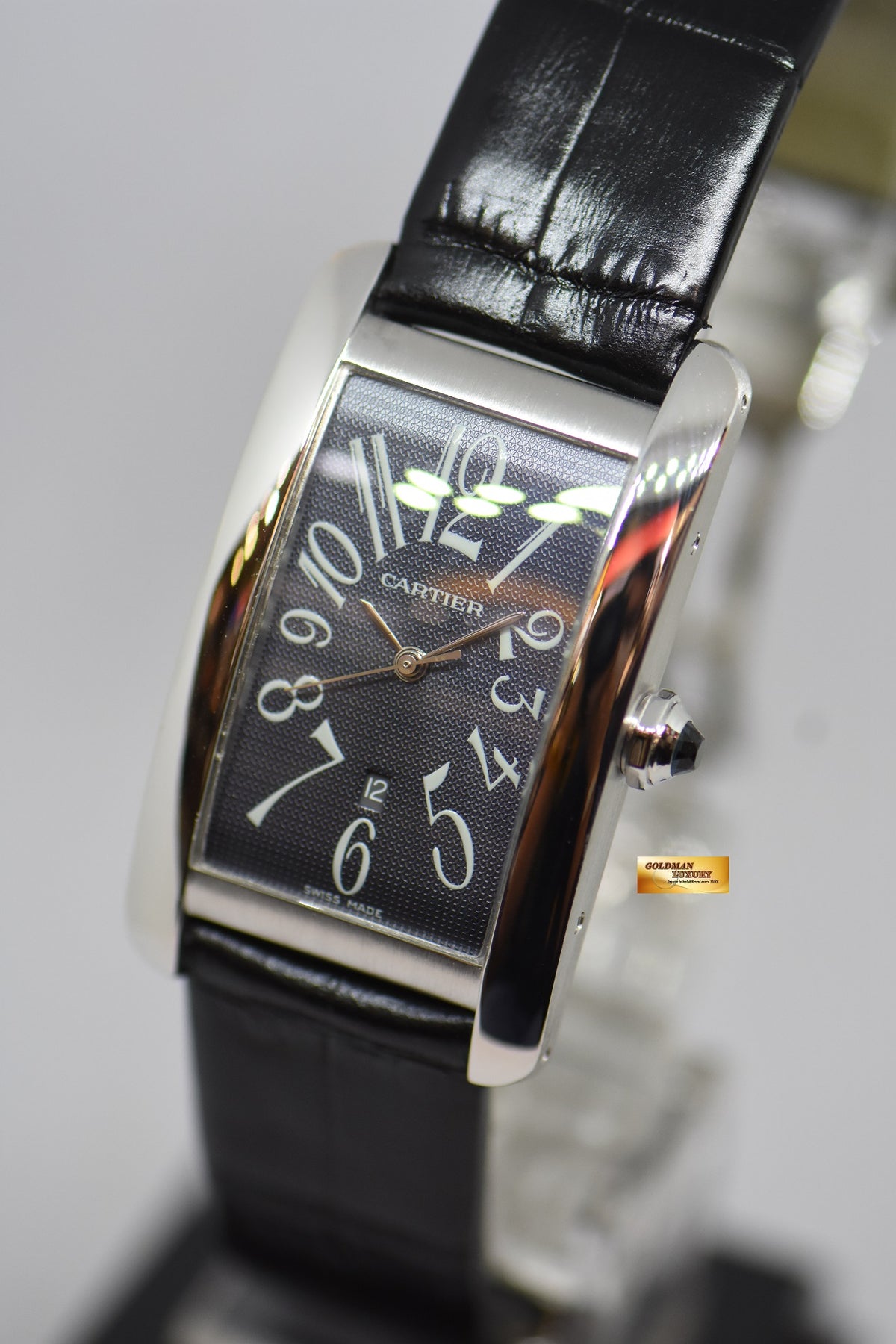 [SOLD] CARTIER TANK AMERICAINE XL DARK GREY GUILLOCHE WHITE GOLD IN LEATHER STRAP AUTOMATIC 1741 (MINT)