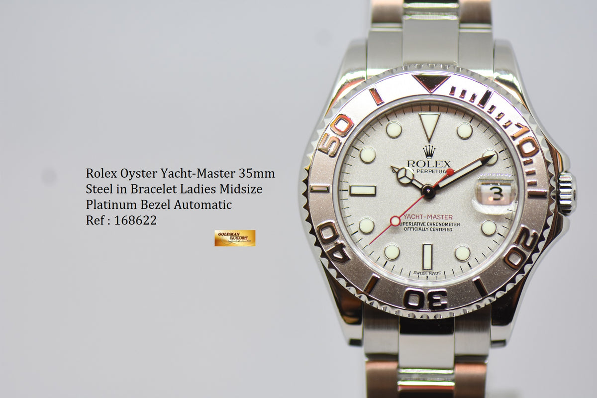 [SOLD] ROLEX OYSTER PERPETUAL YACHT-MASTER 35mm LADIES MIDSIZE STEEL IN BRACELET PLATINUM DIAL / BEZEL 168622 (MINT)