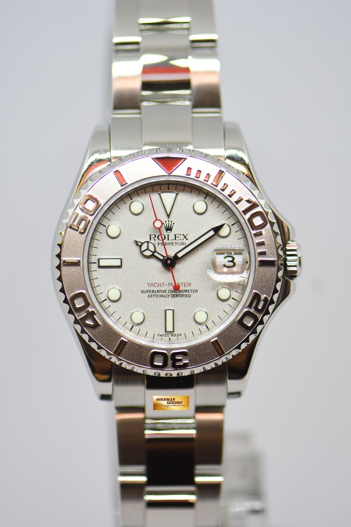 [SOLD] ROLEX OYSTER PERPETUAL YACHT-MASTER 35mm LADIES MIDSIZE STEEL IN BRACELET PLATINUM DIAL / BEZEL 168622 (MINT)