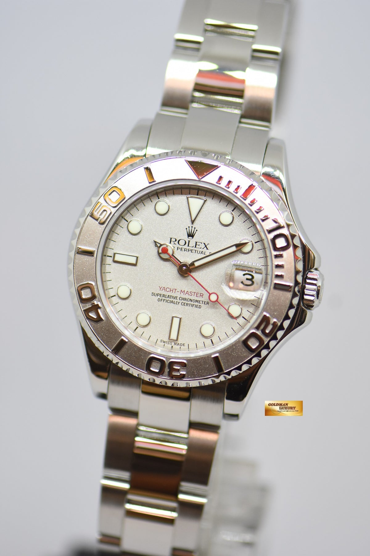 [SOLD] ROLEX OYSTER PERPETUAL YACHT-MASTER 35mm LADIES MIDSIZE STEEL IN BRACELET PLATINUM DIAL / BEZEL 168622 (MINT)